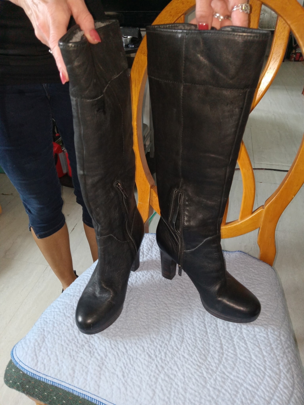 UGG Black Leather Knee-High Heeled Boots with Side Zip